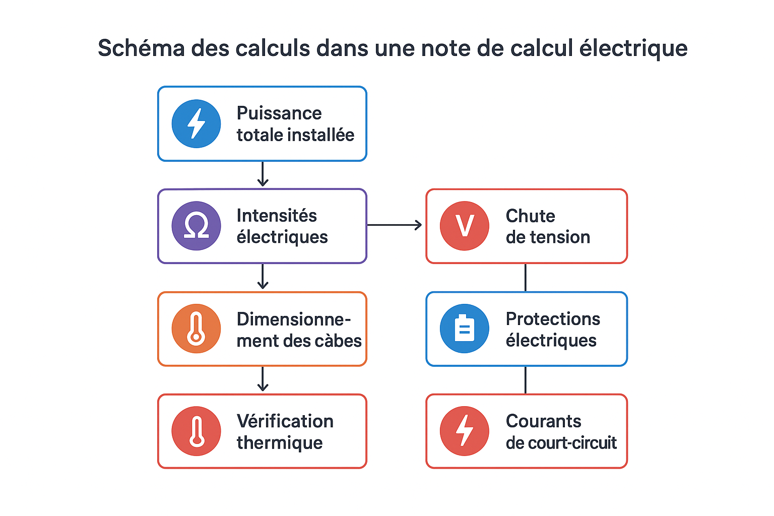 Note de calcul électrique 1 schéma visuel qui illustre tous ces calculs et leurs liens dans une note de calcul
